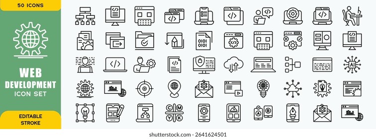  Set of 50 outline web development icons related to software. Linear icon collection. Editable stroke. Vector illustration