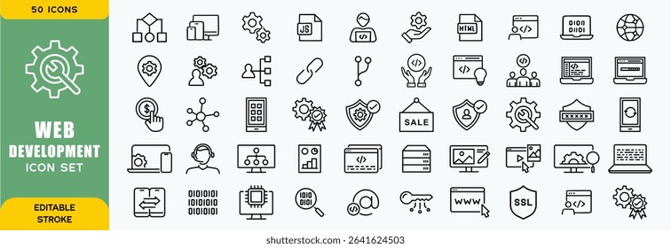  Set of 50 outline web development icons related to software. Linear icon collection. Editable stroke. Vector illustration