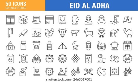 Set von 50 Outline Web Eid al Adha Icons wie Kleidung, Kalender, Ziege, Hadsch, Karte, Tamburin, Islam, Moschee Vektorgrafik Thin Line Icons für Webdesign, mobile App.