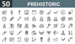 Set Of 50 Outline Web Prehistoric Icons Such As Shell, Statue, Torch, Cooking, Vase, Footprint, Knife Vector Thin Icons For Report, Presentation, Diagram, Web Design, Mobile App.