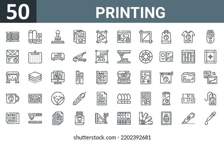 set of 50 outline web printing icons such as ink, printing, stamp, flyer, poster, de, cut vector thin icons for report, presentation, diagram, web design, mobile app.