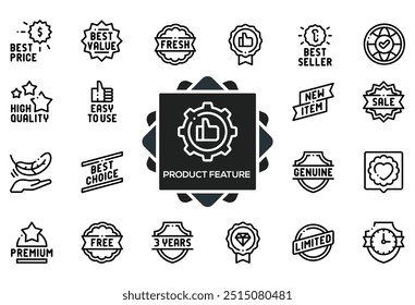 set of 50 outline web product features icons such as best value, sale, back in store, halal, must have, best choice, coming soon vector thin icons for report, presentation, diagram, web design,