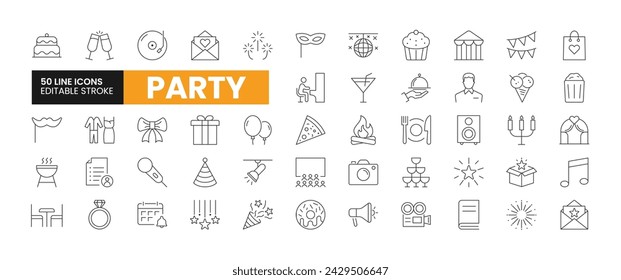 Set of 50 Party and Celebration line icons set. Party outline icons with editable stroke collection. Includes Invitation, Videography, Cake, Gifts, Guest List, and More.