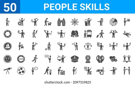 set of 50 people skills web icons. filled glyph icons such as empathy,ailurophile,antique telescope,emotions,round sailboat,rescue tube,rescuer,plumber. vector illustration