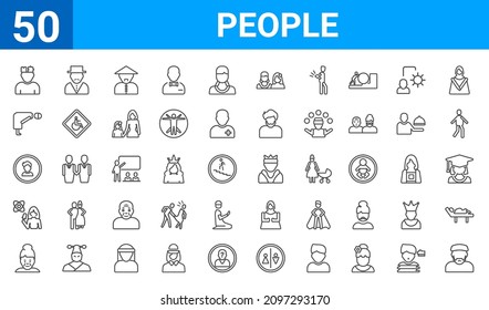conjunto de iconos web de 50 personas. delinear íconos de la delgada línea como musulmán, psicología, anciana, periodista mujer hablando de noticias científicas, pequeño chico, ruku, hombre español, emperador. ilustración vectorial