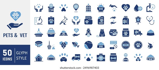 Set of 50 Pets and Vet icon. Solid icons vector collection.