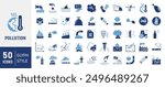 Set of 50 Pollution icons set. Solid icons vector collection.