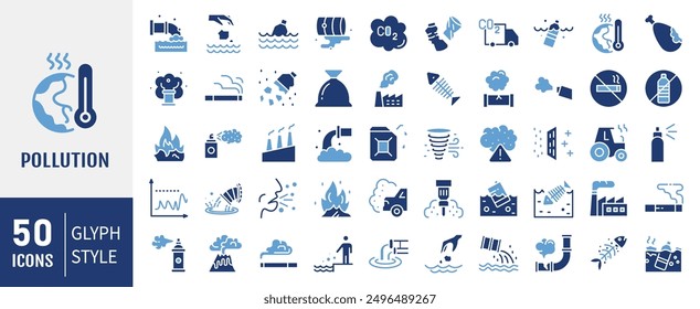 Set of 50 Pollution icons set. Solid icons vector collection.