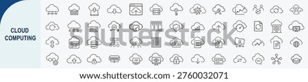 Set of 50 Professional Outline Cloud Computing Icons and Data Storage Illustrations for Network Security Hosting and Digital Technology Design