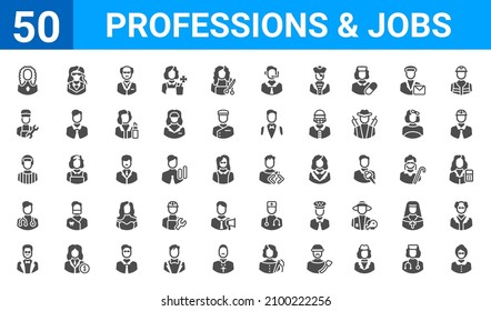 set of 50 professions  jobs web icons. filled glyph icons such as librarian,judge,mafia,podiatrist,baseball player,mechanic,bouncer,software developer. vector illustration