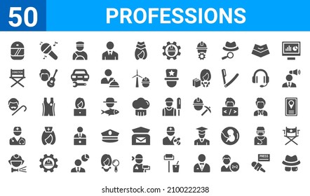 set of 50 professions web icons. filled glyph icons such as mafia,racer,fireman,podiatrist,pensioner,director,singer,cricket player. vector illustration