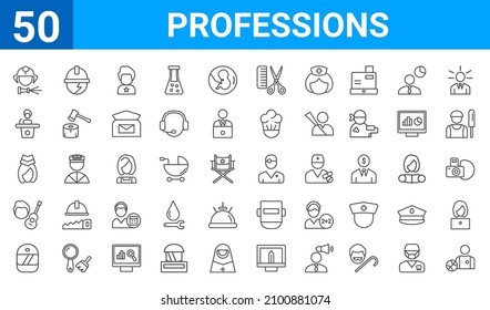 set of 50 professions web icons. outline thin line icons such as basketball player,fireman,racer,musician,stewardess,politician,electrician,doctor. vector illustration