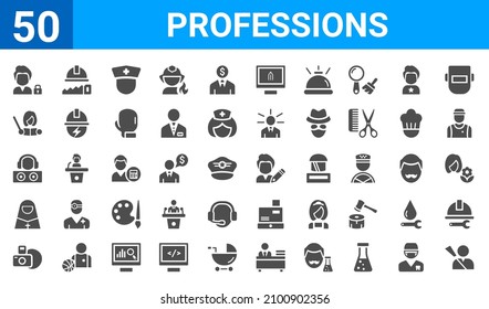 set of 50 professions web icons. filled glyph icons such as hunter,information security analyst,photographer,nun,dj,teacher,carpenter,writer. vector illustration