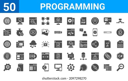 set of 50 programming web icons. filled glyph icons such as seo keywords,web,seo tools,biometric identification,hardware,code,authorize,blogging. vector illustration