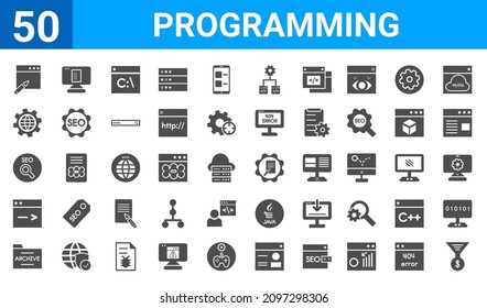 set of 50 programming web icons. filled glyph icons such as seo funnel,copyright,archive,code terminal,seo,cyberspace,article,testing. vector illustration