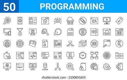 set of 50 programming web icons. outline thin line icons such as mobile app,seo tools,program interface,optimization,website,responsive,mobile development,aorithm. vector illustration