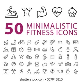 Set of 50 Quality Isolated Universal Standard Minimalistic Simple Fitness Black Thin Line Icons on White Background