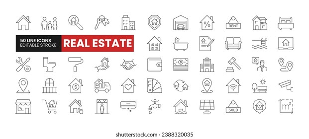 Set of 50 Real Estate line icons set. Real Estate outline icons with editable stroke collection. Includes Home, Budget, Location, Contract, Renovation, and More.