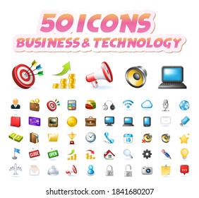 Set of 50 Realistic High Quality Colorful Business and Technology Icons on White Background . Isolated Vector Elements