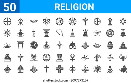 set of 50 religion web icons. filled glyph icons such as easter bunny,paganism,ayyavazhi, ,abrahamic,buddhism,spiritual,satanic church. vector illustration