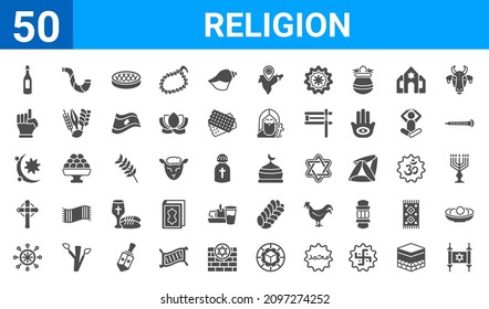 set of 50 religion web icons. filled glyph icons such as torah,hebrew wine,dharma,faith,crescent moon and star,one god,shofar,mosque domes. vector illustration