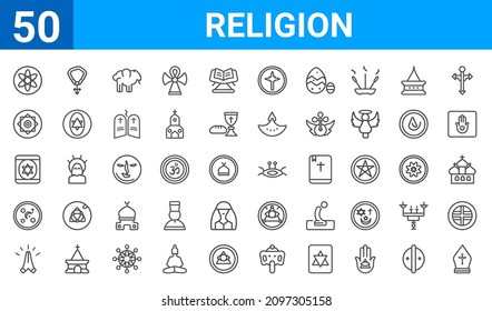 set of 50 religion web icons. outline thin line icons such as pope,agticism,pray,religion,hebrew,rub el hizb,rosary,pastafarianism. vector illustration