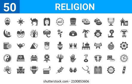 set of 50 religion web icons. filled glyph icons such as mezuzah,jewish incense,ganesha,karma,jewish coins,islam,holy star,ohr. vector illustration