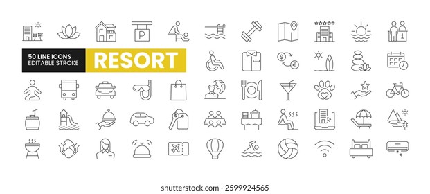 Set of 50 Resort line icons set. Resort outline icons with editable stroke collection. Includes Villa, Spa, Meditation, Room Service, Shopping, and More.