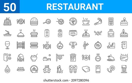 set of 50 restaurant web icons. outline thin line icons such as restaurant,pool,hotel,check in,wine glass,spaghetti,breakfast,free wifi. vector illustration