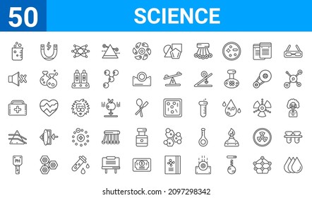 conjunto de 50 íconos web de ciencia. iconos de línea delgada como gotas, vaso de precipitado, ph metro, refracción, medicamentos, sonido, magnetismo, microorganismos. ilustración vectorial