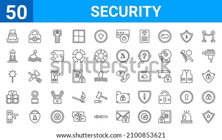 set of 50 security web icons. outline thin line icons such as police shield,safety seat,turnstiles,bullet proof vest,e,watch tower,padlock protection active,fire phone. vector illustration