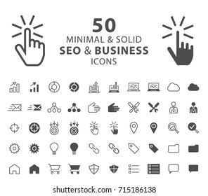 Set of 50 SEO & Business Minimal and Solid Icons on White Background . Vector Isolated Elements