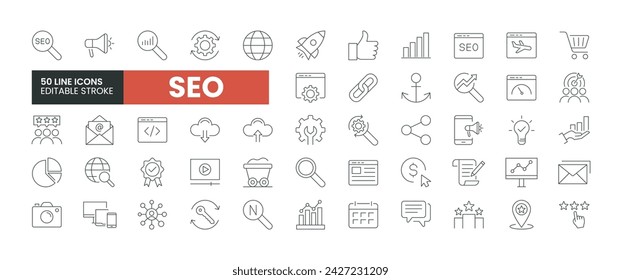 Set of 50 SEO line icons set. SEO outline icons with editable stroke collection. Includes SEO, Email Marketing, Social Media, Affiliates, Data Analytics, and More.