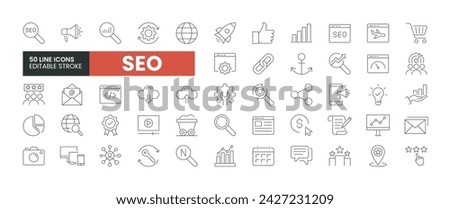 Set of 50 SEO line icons set. SEO outline icons with editable stroke collection. Includes SEO, Email Marketing, Social Media, Affiliates, Data Analytics, and More.