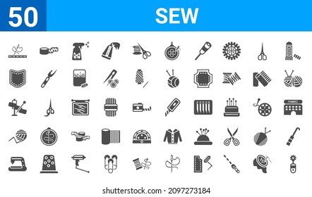 set of 50 sew web icons. filled glyph icons such as overstitch,stiching,sewing clip art,crochet hook,sewing craft,jeans pocket,measurement,cutter. vector illustration