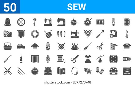 set of 50 sew web icons. filled glyph icons such as handloom,thimble,sewing scissors,crochet hook,sewing basket,material,spokes,pincushion. vector illustration