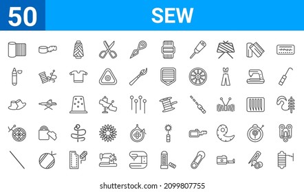 set of 50 sew web icons. outline thin line icons such as tracing wheel,yarn,sewing needles,crochet,grommet,sewing marker,measurement,bobbin. vector illustration