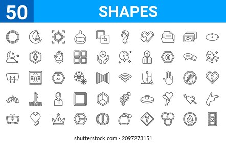 set of 50 shapes web icons. outline thin line icons such as film strip with heart,blank circle,winshield wiper,5 stars,windshield defrost,half moon and star,islamic moon,favorite wireles conecction.