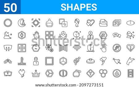 set of 50 shapes web icons. outline thin line icons such as film strip with heart,blank circle,winshield wiper,5 stars,windshield defrost,half moon and star,islamic moon,favorite wireles conecction.