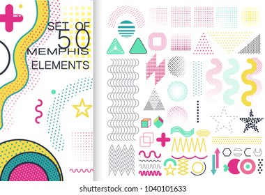 Set of 50 shiny colorful memphis style elements. Can be used on flyers banners web. Trendy memphis 80's and 90's design. Geometric grunge patterns. Fashion minimal pop memphis backgrounds. EPS 10.