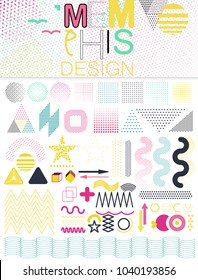 Set of 50 shiny colorful memphis style elements. Can be used on flyers banners web. Trendy memphis 80's and 90's design. Geometric grunge patterns. Fashion minimal pop memphis backgrounds. EPS 10.