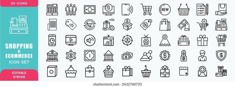 Set of 50 Shopping and ecommerce icons in line style. Mobile Shop, Digital marketing, Bank Card, Gifts. Vector illustration
