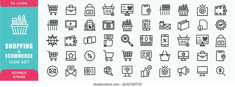 Set of 50 Shopping and ecommerce icons in line style. Mobile Shop, Digital marketing, Bank Card, Gifts. Vector illustration