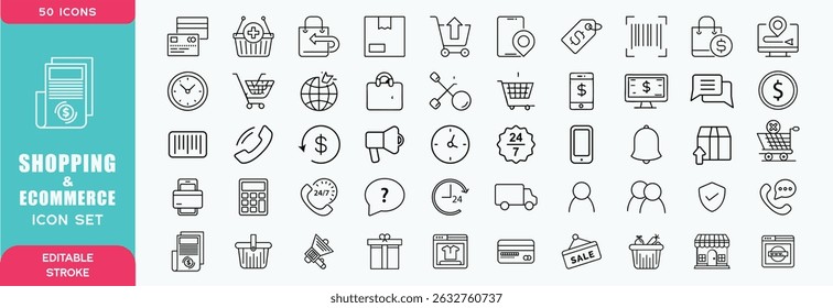 Set of 50 Shopping and ecommerce icons in line style. Mobile Shop, Digital marketing, Bank Card, Gifts. Vector illustration