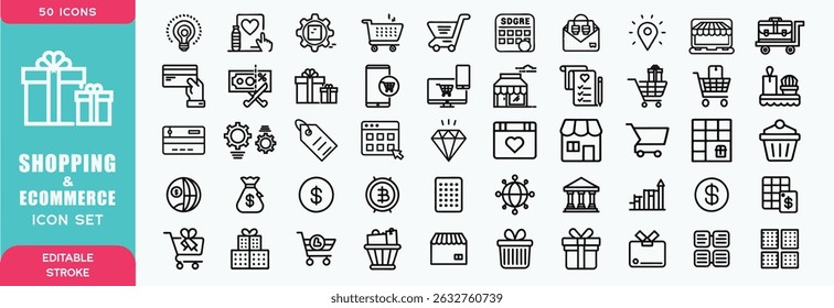 Set of 50 Shopping and ecommerce icons in line style. Mobile Shop, Digital marketing, Bank Card, Gifts. Vector illustration