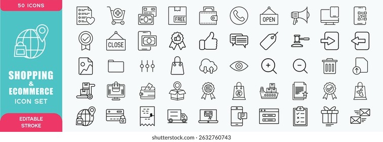 Set of 50 Shopping and ecommerce icons in line style. Mobile Shop, Digital marketing, Bank Card, Gifts. Vector illustration