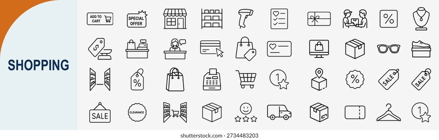 Set of 50 shopping icons with linear symbols for e-commerce retail store and digital marketing business application design