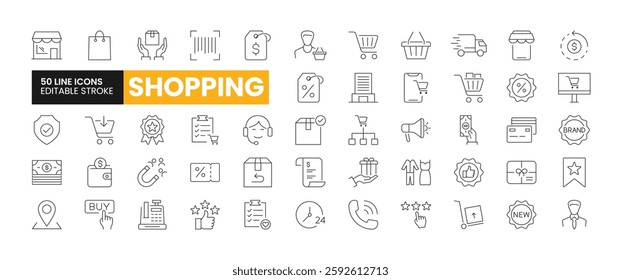 Set of 50 Shopping line icons set. Shopping outline icons with editable stroke collection. Includes E-Commerce, Stores, Malls, Products, Customers, and more.