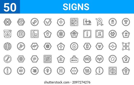 conjunto de 50 iconos web de signos. iconos de línea delgada como hembra, cruz oscura bruta, información, prohibición, mundo de la rejilla, elementos radiactivos, paneles, riesgo de incendio. ilustración vectorial