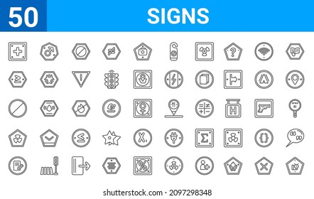 conjunto de 50 iconos web de signos. iconos de línea delgada de contorno como recompensa de clase, grosor de adición, radiación, círculo de prohibición, es mayor o igual a,macho,restaurante. ilustración vectorial